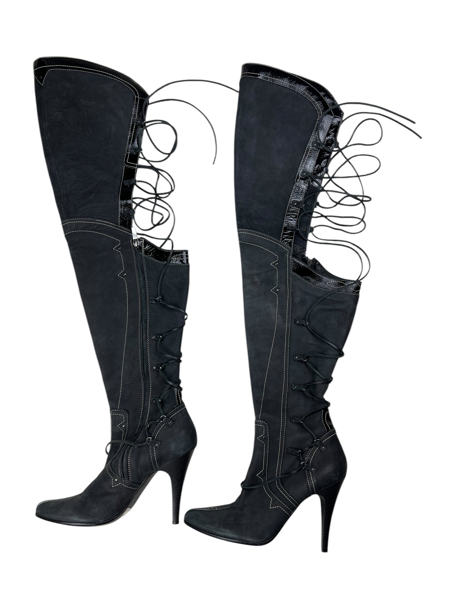 Diesel StyleLab Y2K thigh high corset back leather boots