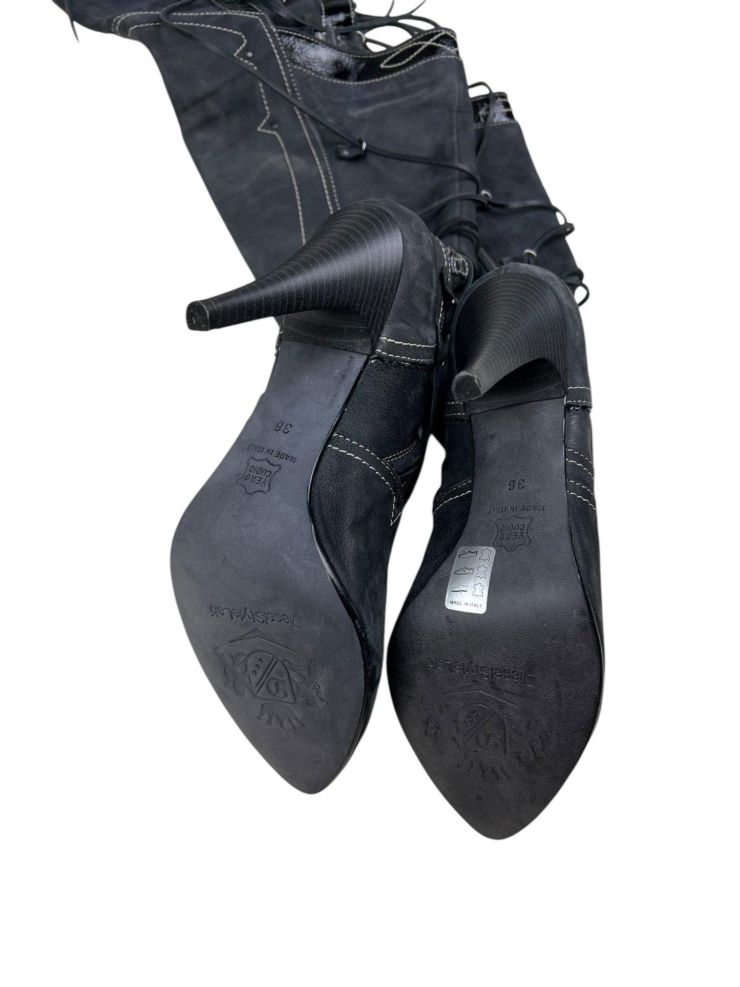Diesel StyleLab Y2K thigh high corset back leather boots