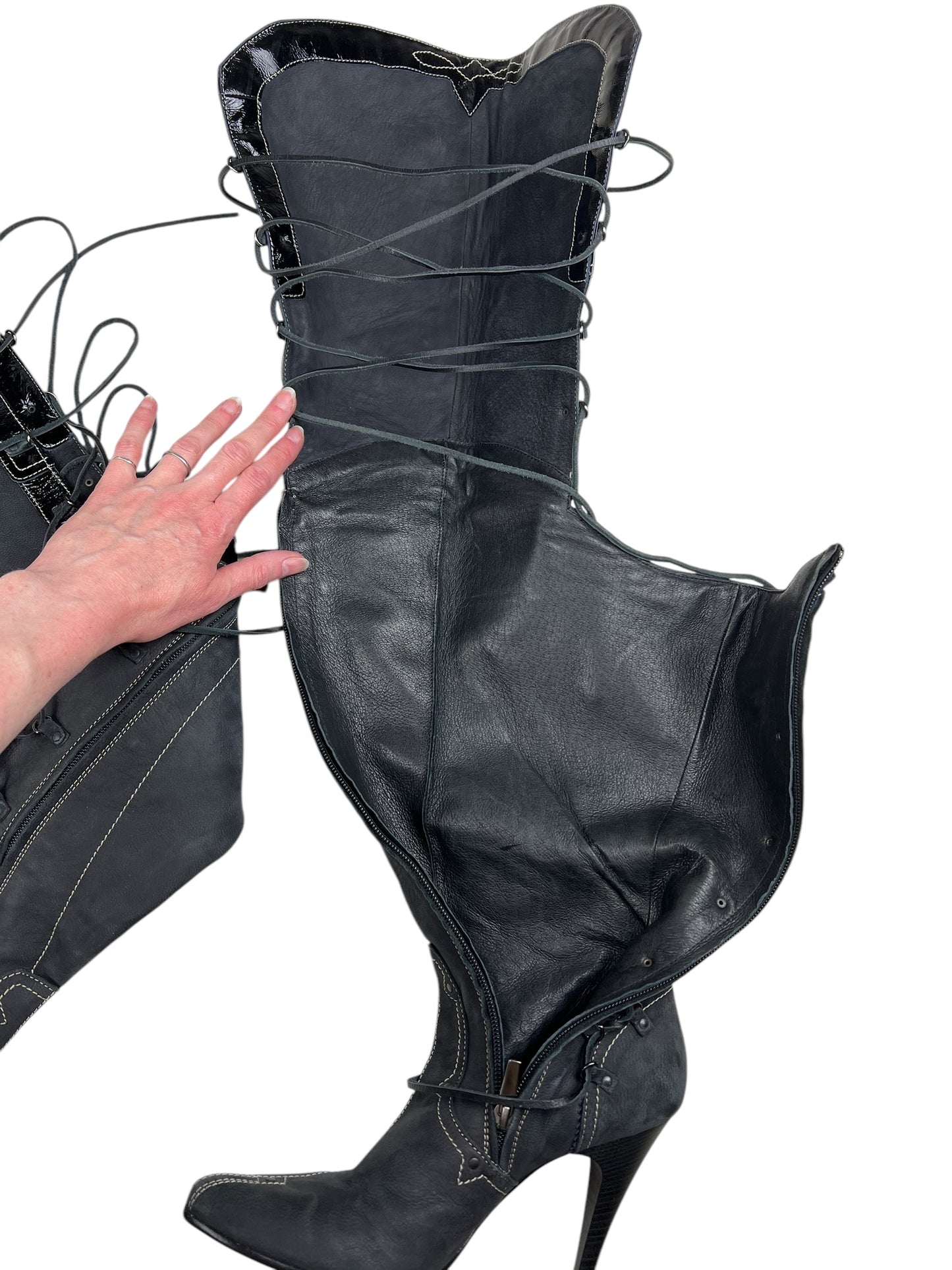 Diesel StyleLab Y2K thigh high corset back leather boots